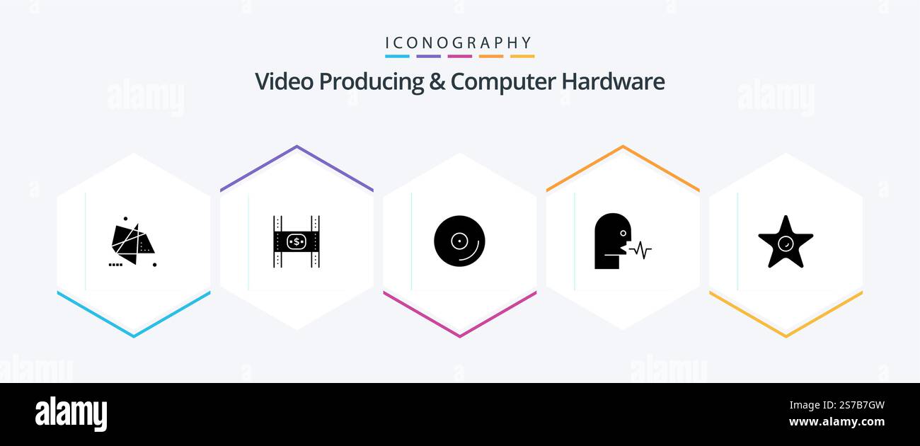 Video Producing And Computer Hardware 25 Glyph icon pack including speech. human. money. audio. media Stock Vector