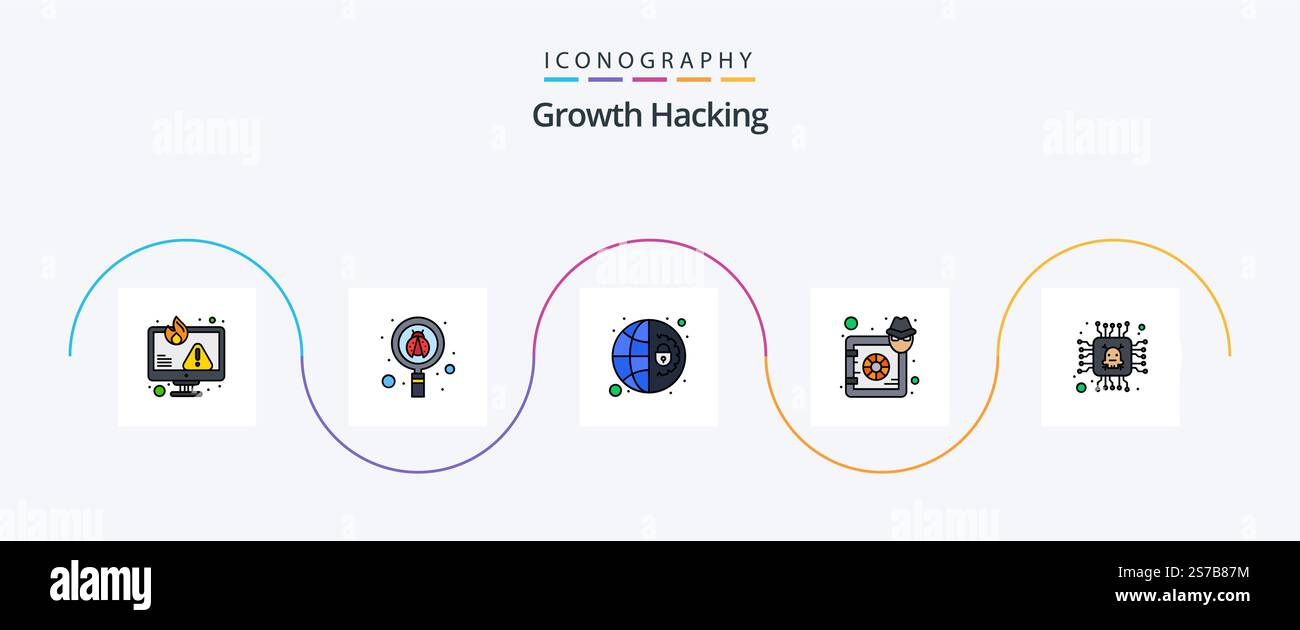 Hacking Line Filled Flat 5 Icon Pack Including lock. hacker. virus. deposit. settings Stock Vector