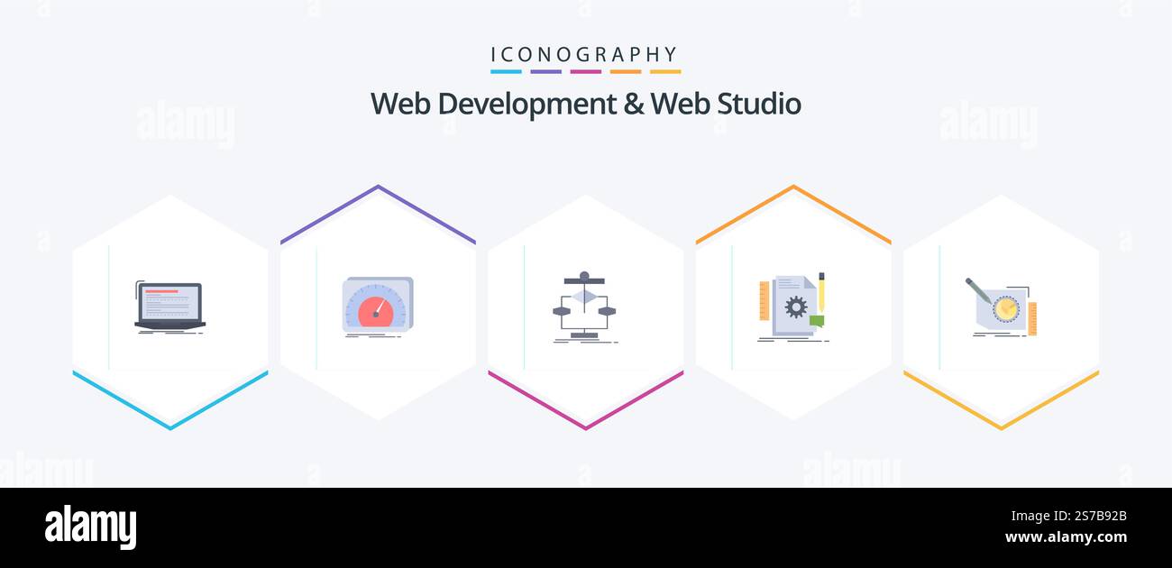 Web Development And Web Studio 25 Flat icon pack including develop. creative. test. flow. data Stock Vector