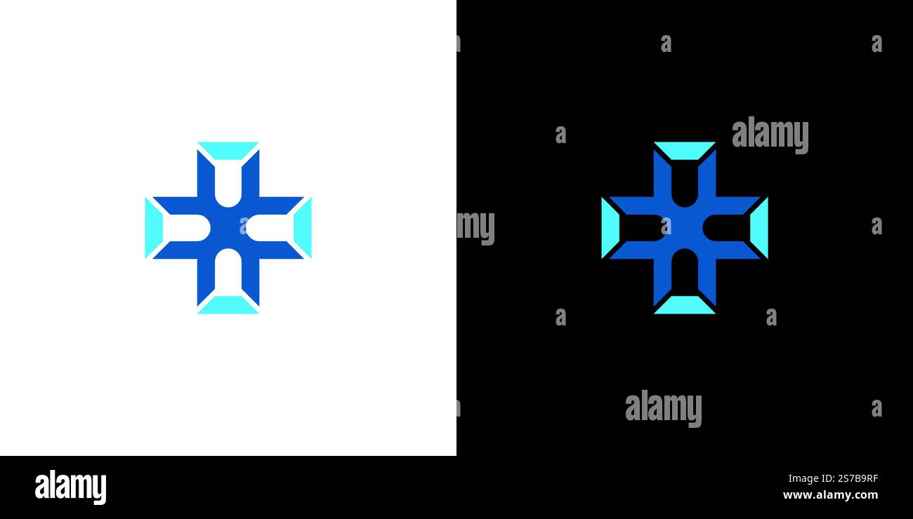 Graphic of a blue geometric cross design against contrasting black and white backgrounds, ideal for corporate, health, or tech applications. Stock Vector