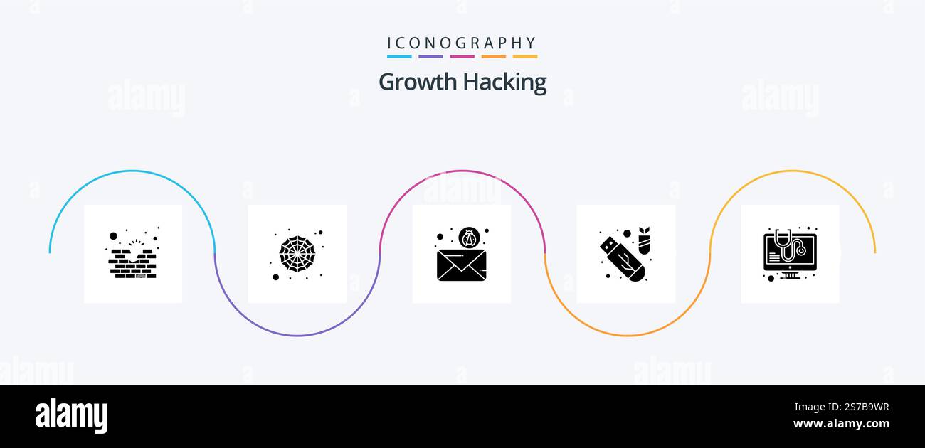 Hacking Glyph 5 Icon Pack Including bug. ddos. forward. bomb. usb Stock Vector