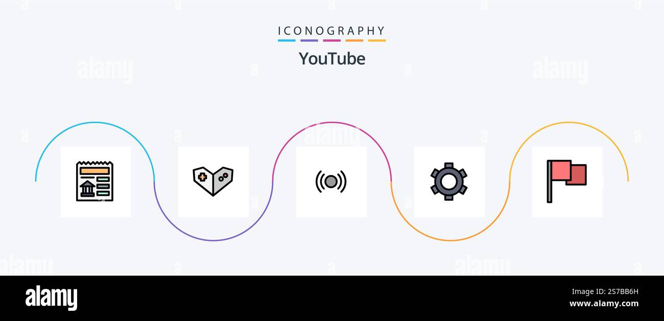 Youtube Line Filled Flat 5 Icon Pack Including flag. ui. essential. setting. basic Stock Vector