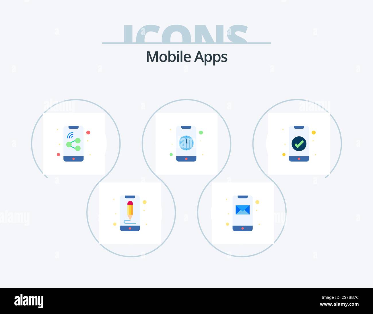 Mobile Apps Flat Icon Pack 5 Icon Design. check. interface. email. interaction. alarm Stock Vector