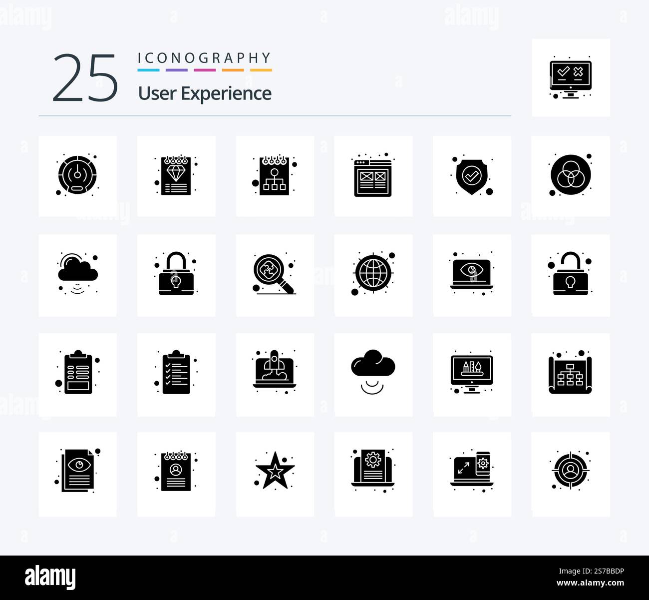 User Experience 25 Solid Glyph icon pack including antivirus. ux. document. user. experience Stock Vector