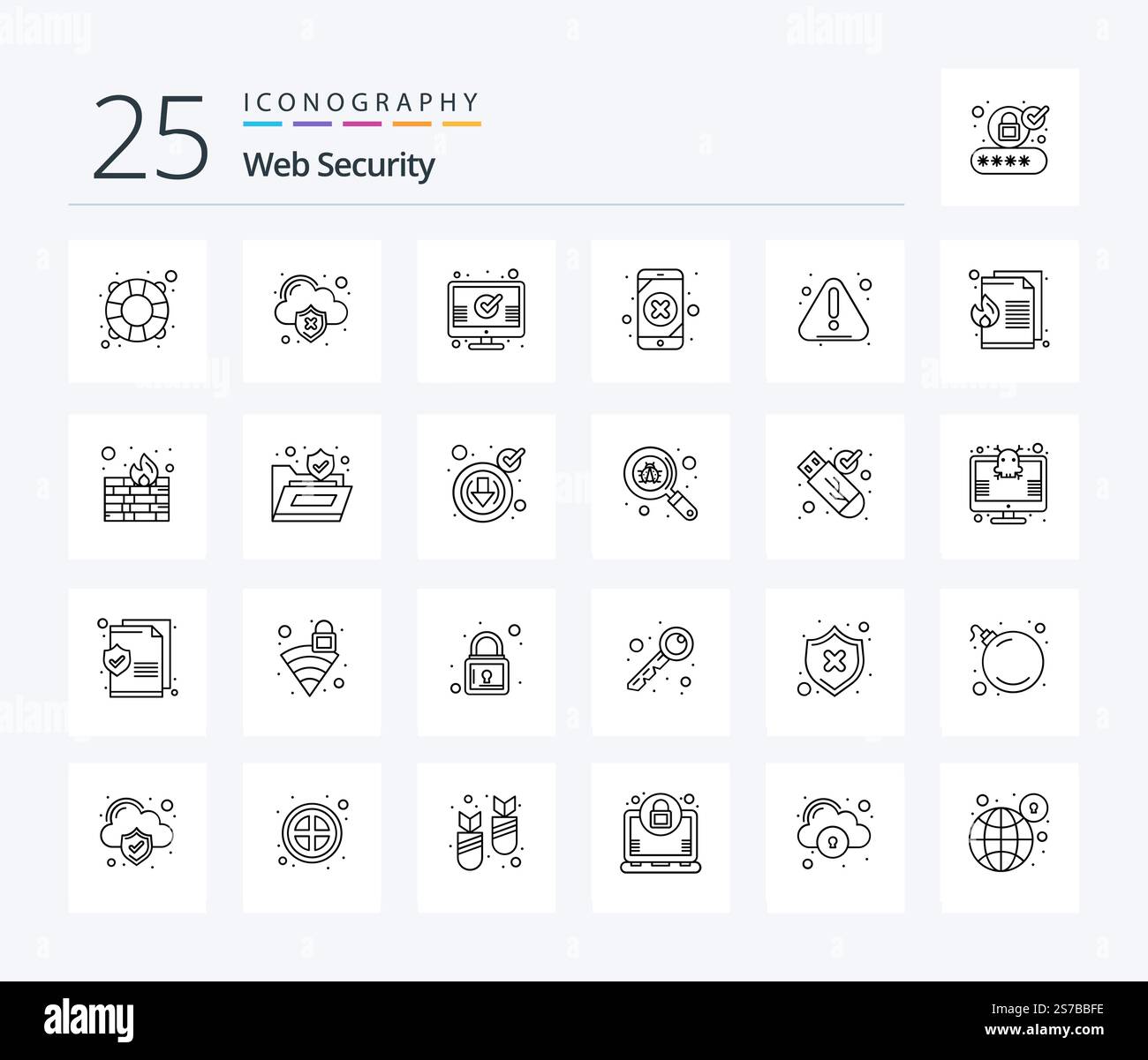Web Security 25 Line icon pack including error. loss. check. leak ...