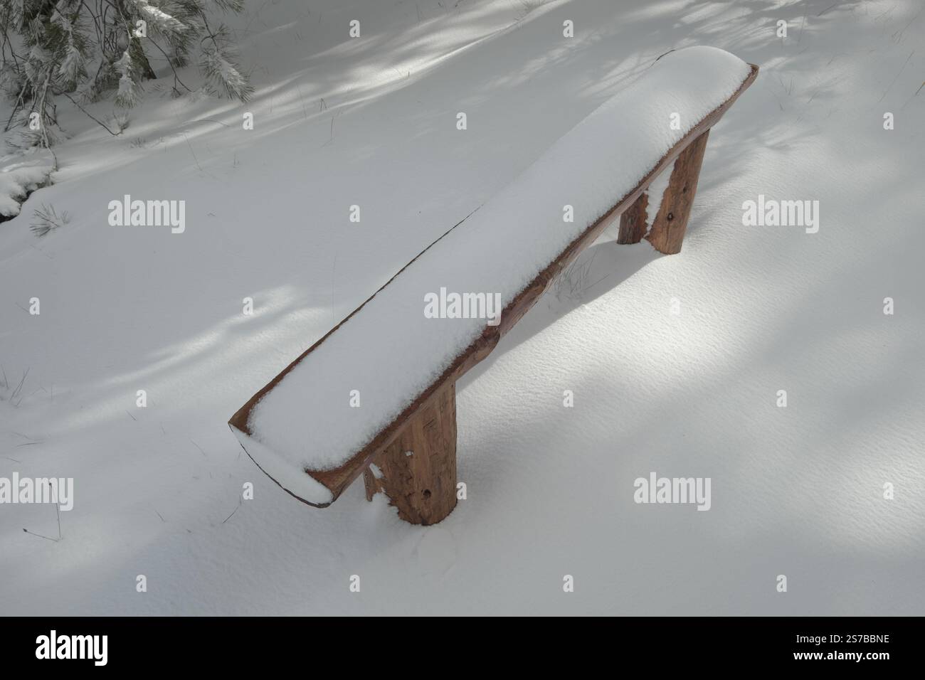 a handmade bench made of wooden logs covered with snow in Etna Park, Sicily, Italy Stock Photo