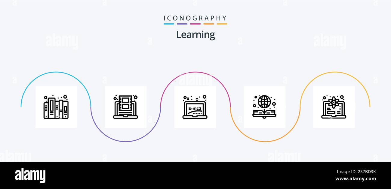 Learning Line 5 Icon Pack Including computer. globe. youtube. e book. formula Stock Vector