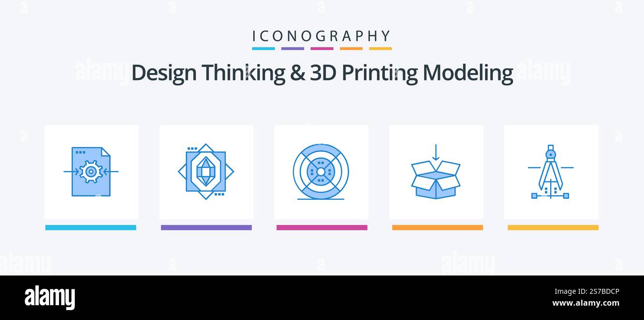 Design Thinking And D Printing Modeling Blue 5 Icon Pack Including drawing. education. film. shepping . box. Creative Icons Design Stock Vector