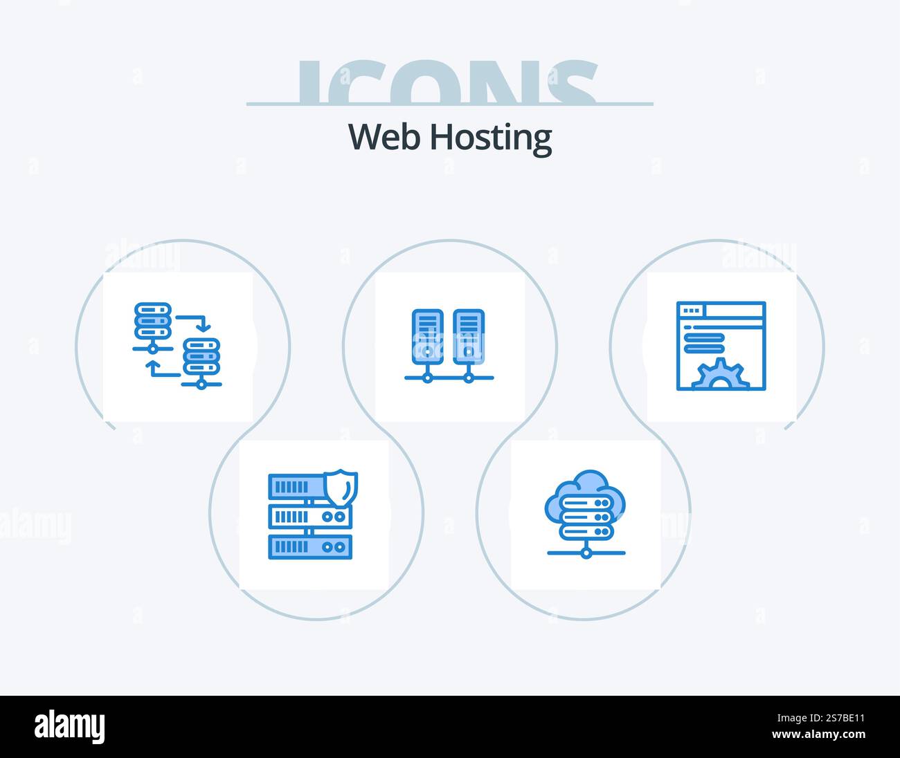 Web Hosting Blue Icon Pack 5 Icon Design. web brower. server. server hosting. data. data Stock Vector