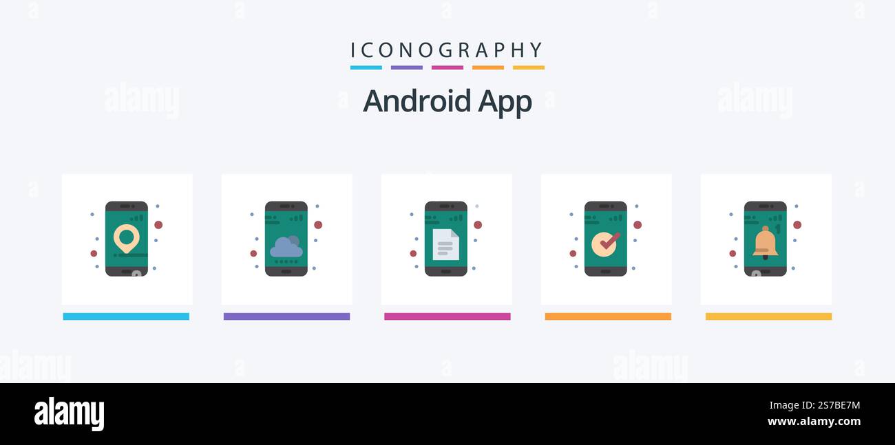 Android App Flat 5 Icon Pack Including interface. ui. data. essential. app. Creative Icons Design Stock Vector