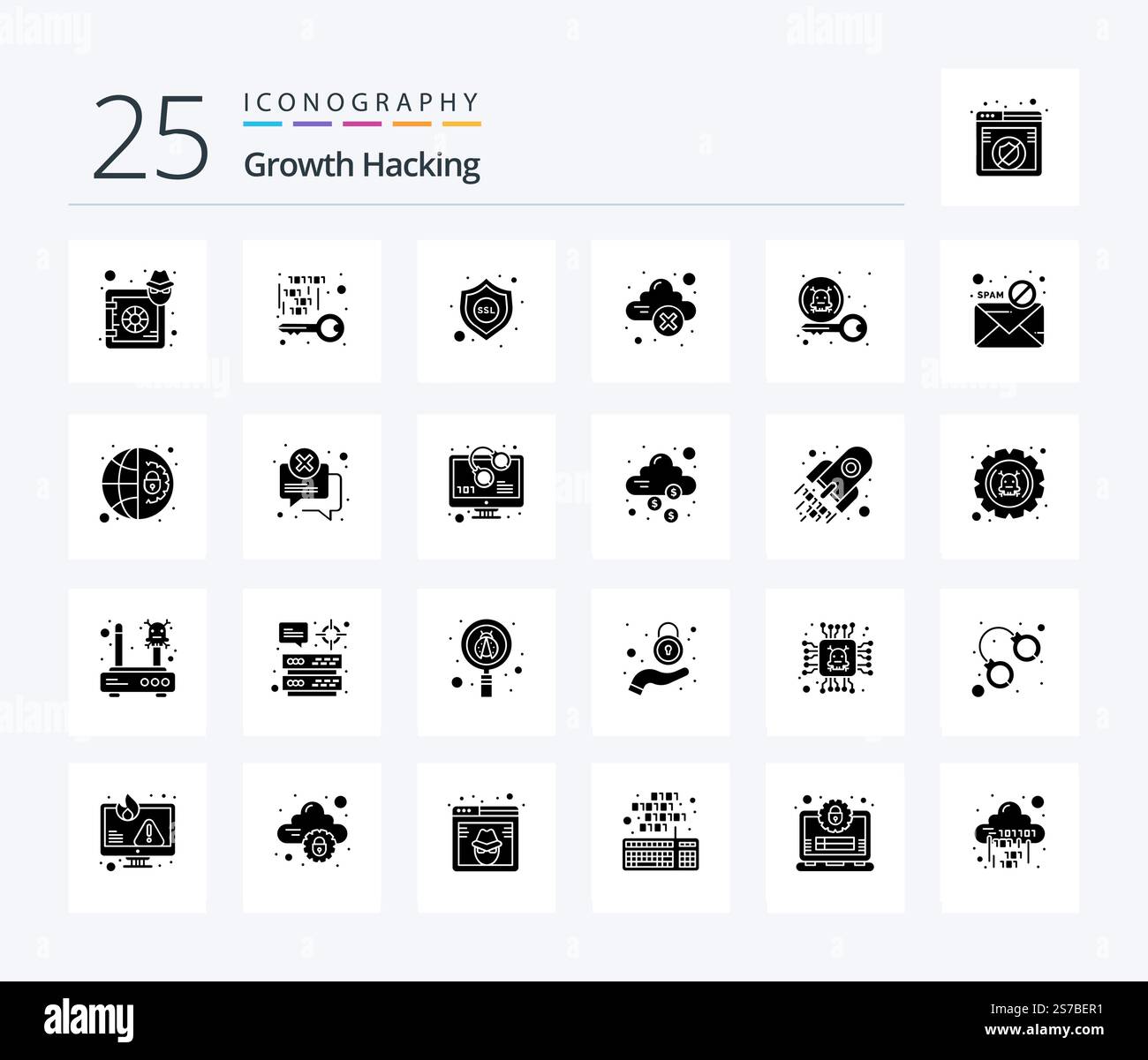 Hacking 25 Solid Glyph icon pack including virus. error. private. cloud storage. ssl Stock Vector