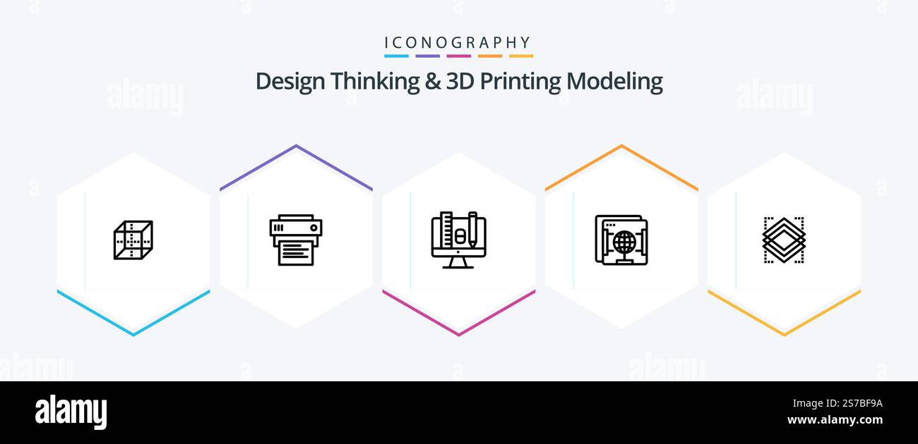 Design Thinking And D Printing Modeling 25 Line icon pack including object. globe. computer. web. brower Stock Vector