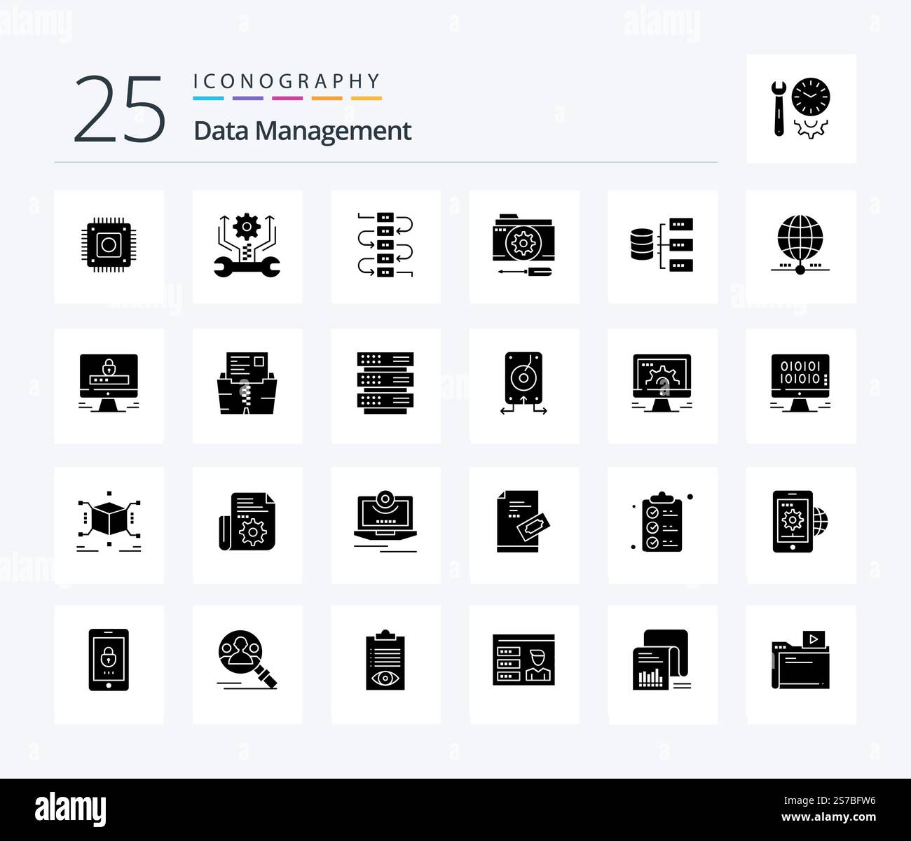 Data Management 25 Solid Glyph icon pack including options . configuration . setting . note Stock Vector