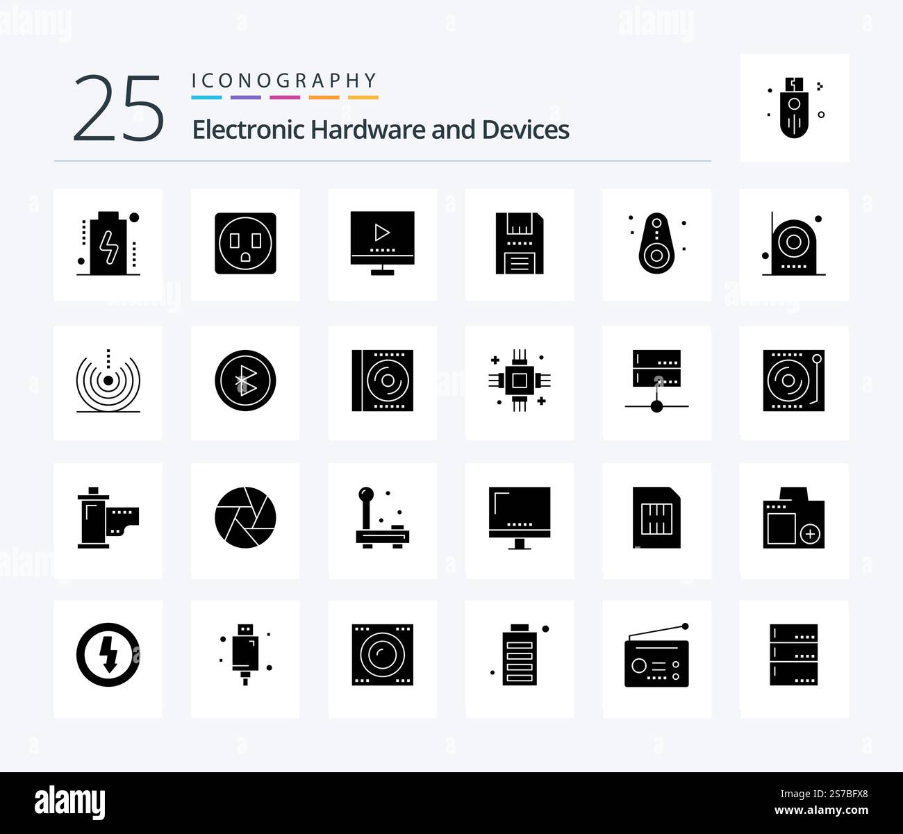 Devices 25 Solid Glyph icon pack including devices. products. technology. floppy. disc Stock Vector