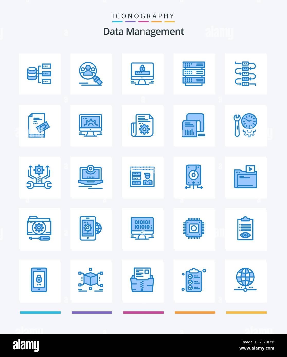 Creative Data Management 25 Blue icon pack  Such As note. network. computer. storage. server Stock Vector