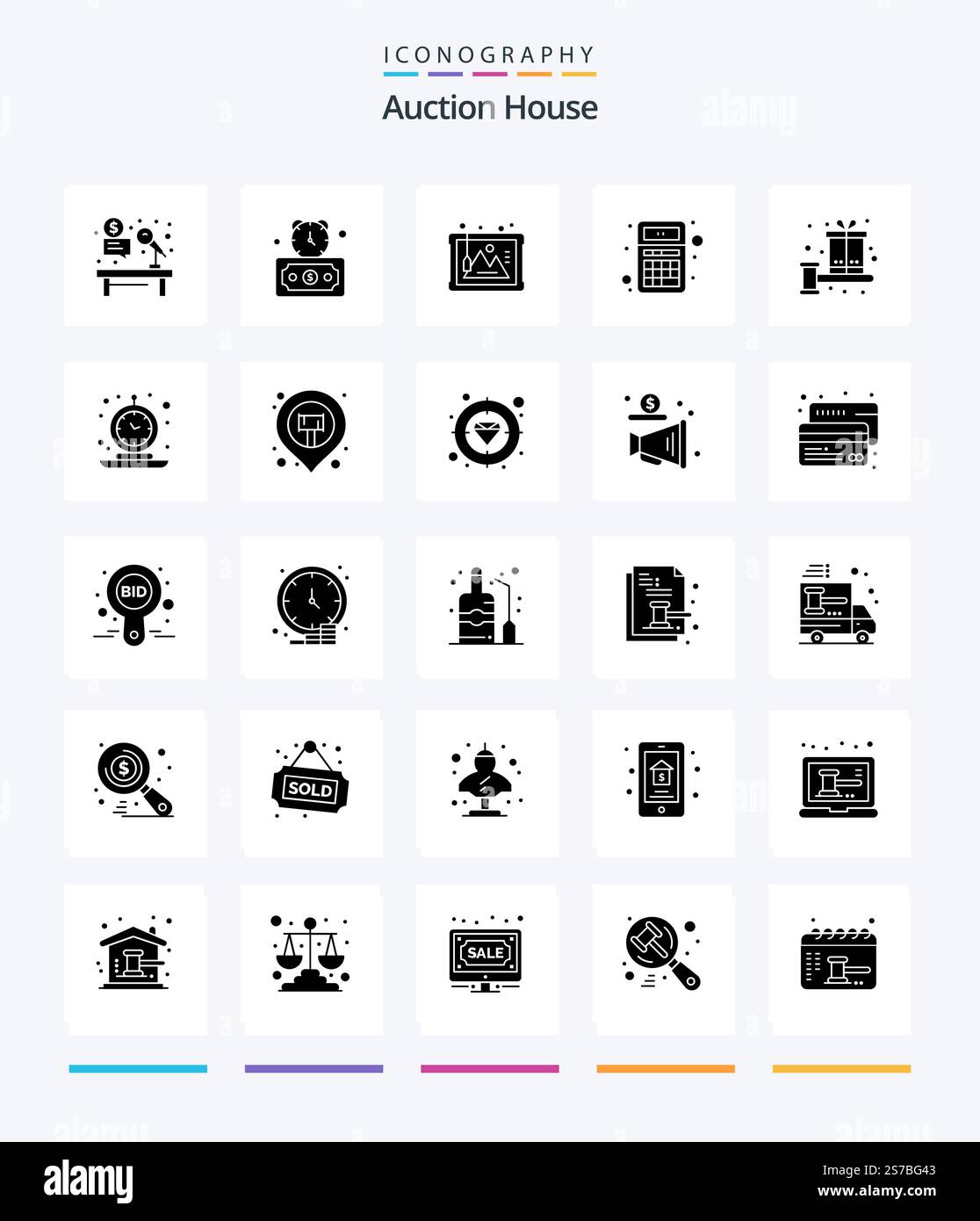 Creative Auction 25 Glyph Solid Black icon pack  Such As interaction. apps. stopwatch. app. history Stock Vector