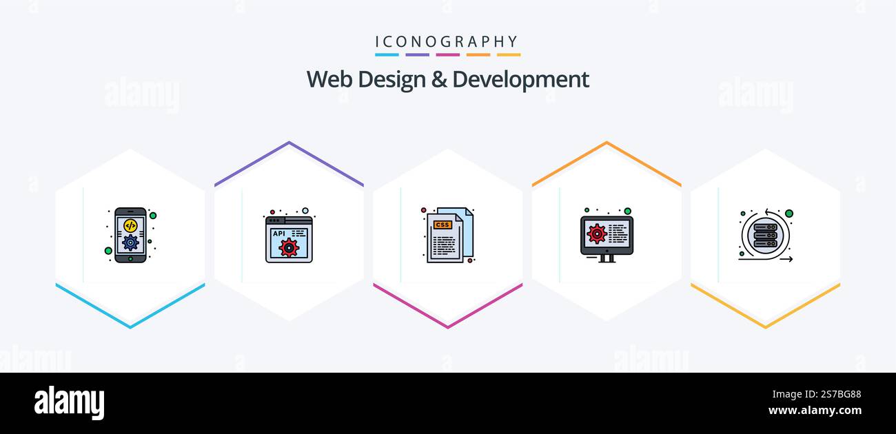 Web Design And Development 25 FilledLine icon pack including iteration. settings. code. gear. coding Stock Vector