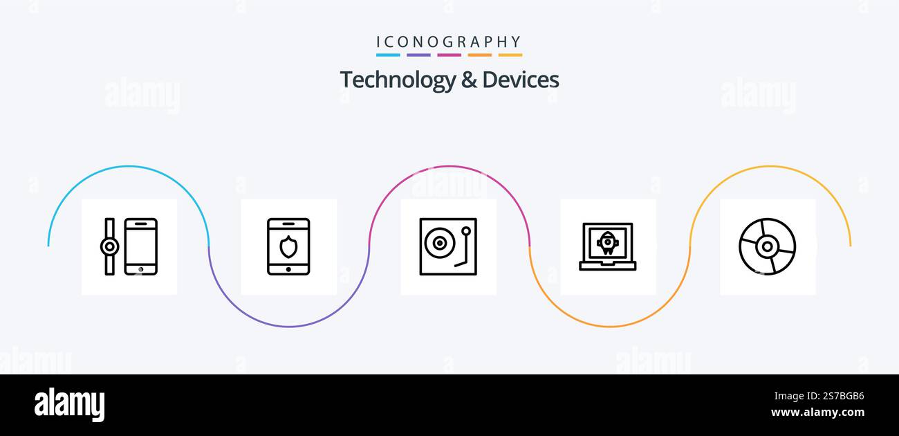 Devices Line 5 Icon Pack Including electronics. devices. music. rocket. laptop Stock Vector