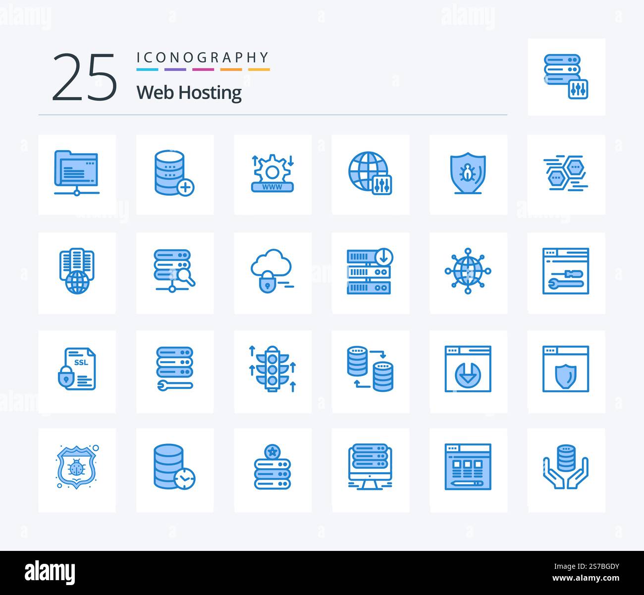 Web Hosting 25 Blue Color icon pack including programing. server settings. add. configuration. setting Stock Vector