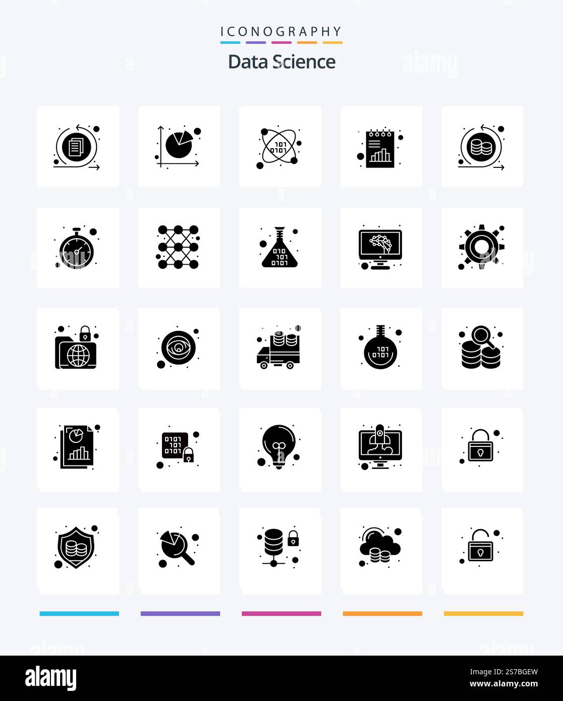Creative Data Science 25 Glyph Solid Black icon pack  Such As processing. chart. essential. graph. analytics Stock Vector