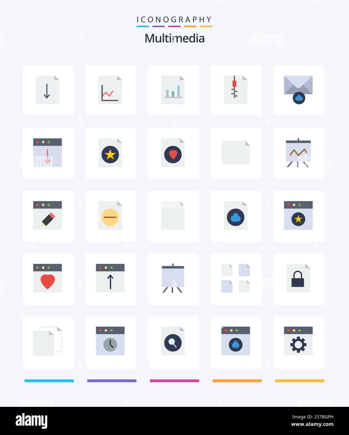 Creative Multimedia 25 Flat icon pack  Such As favorite. mac. zip. export. app Stock Vector