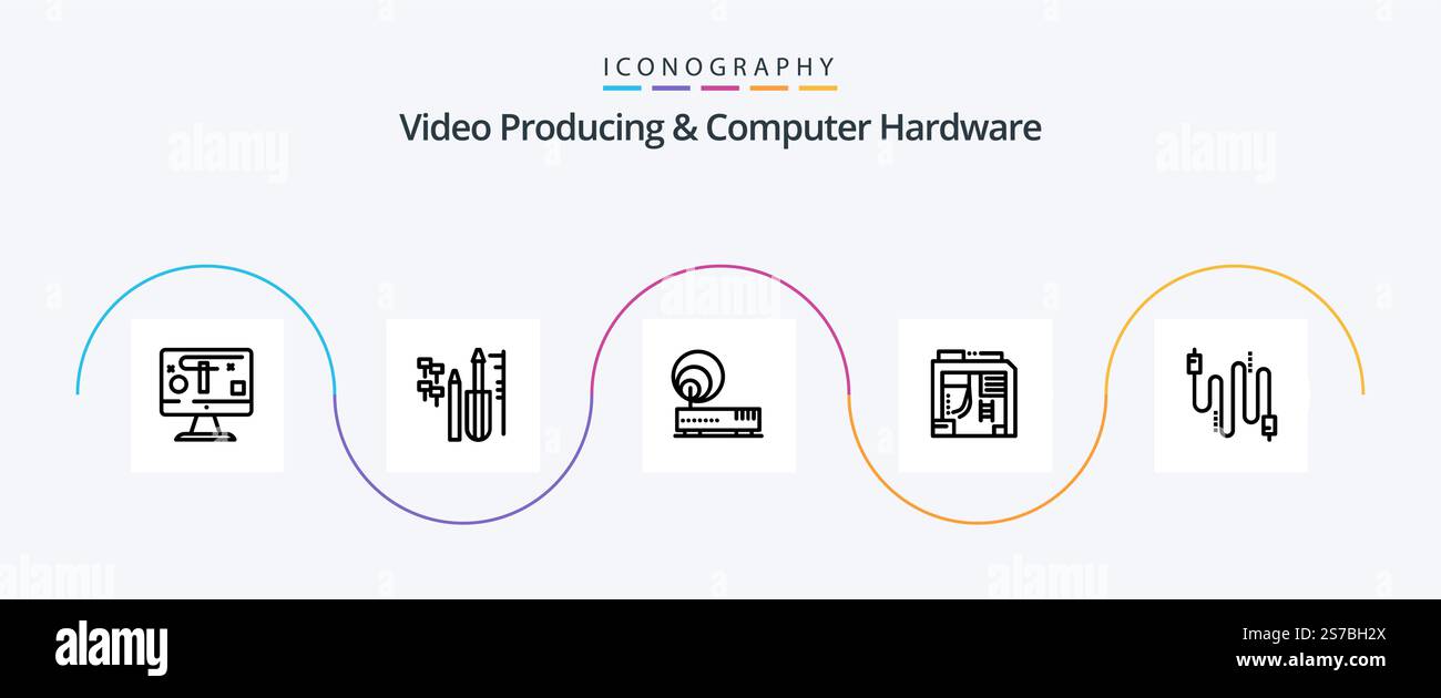 Video Producing And Computer Hardware Line 5 Icon Pack Including cable. computer. connection. case. atx Stock Vector