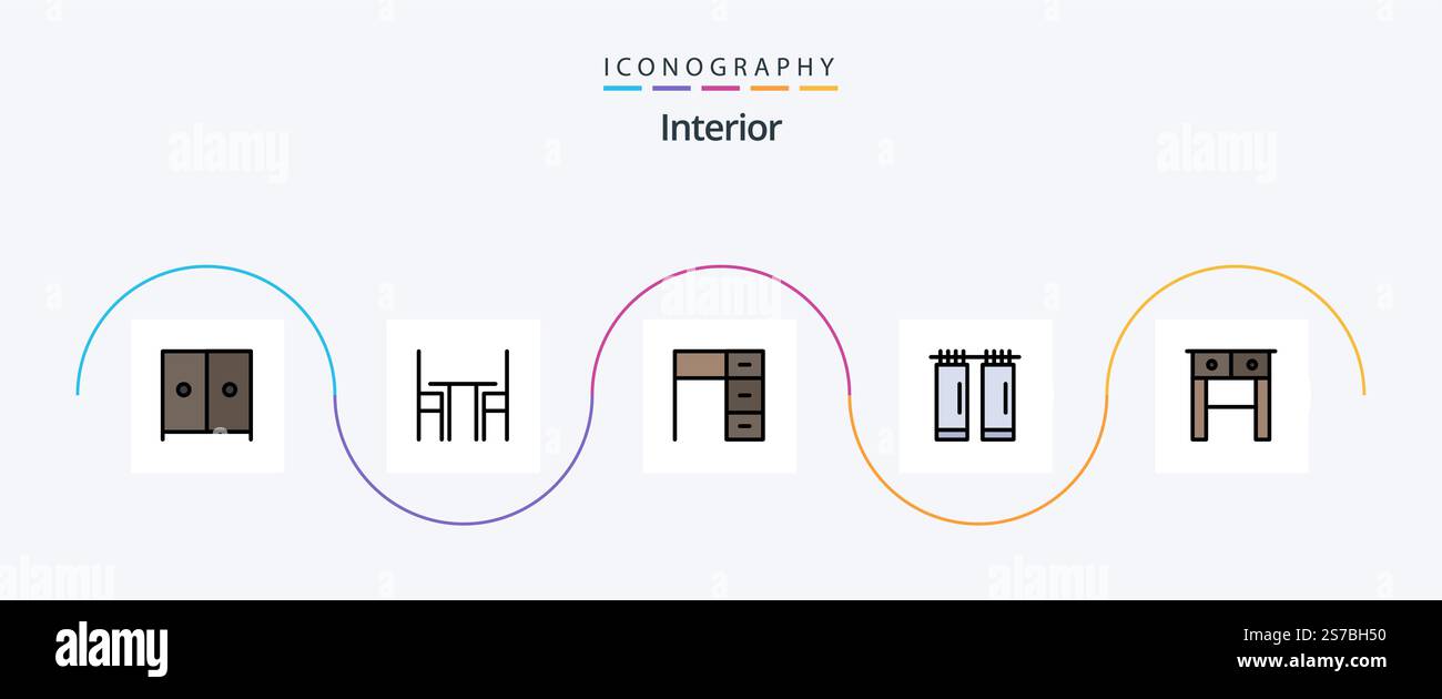 Interior Line Filled Flat 5 Icon Pack Including drawer. interior. desk. curtains. work Stock Vector