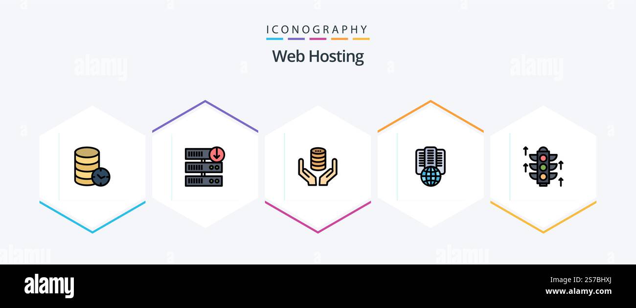 Web Hosting 25 FilledLine icon pack including server. internet. server download. hosting. secure Stock Vector