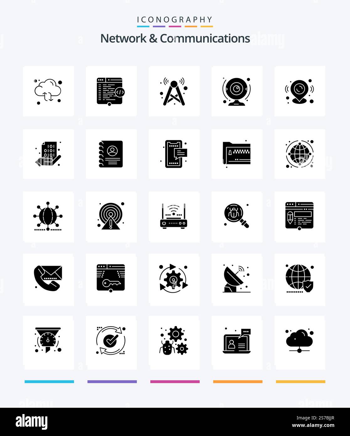 Creative Network And Communications 25 Glyph Solid Black icon pack  Such As webcam. cam. window. wifi. internet Stock Vector