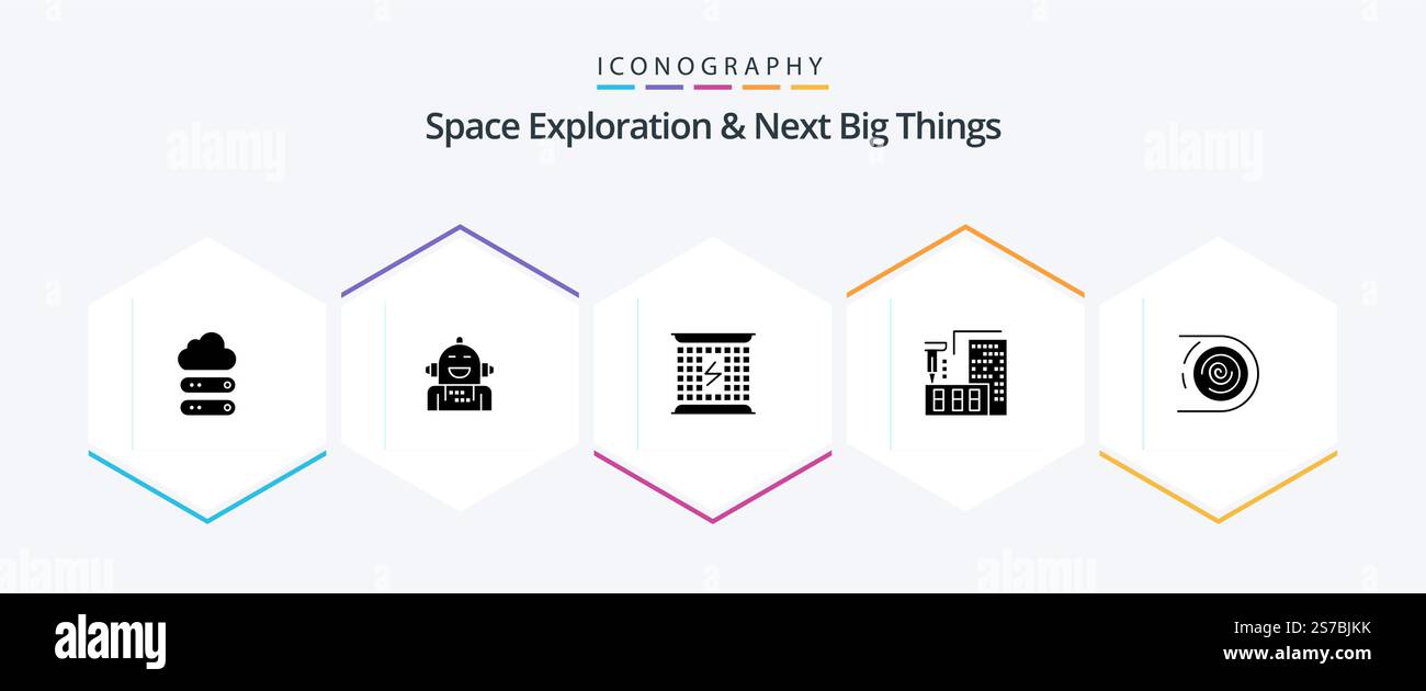 Space Exploration And Next Big Things 25 Glyph icon pack including fabrication. architecture. feeling. 3d. electromagnetic Stock Vector