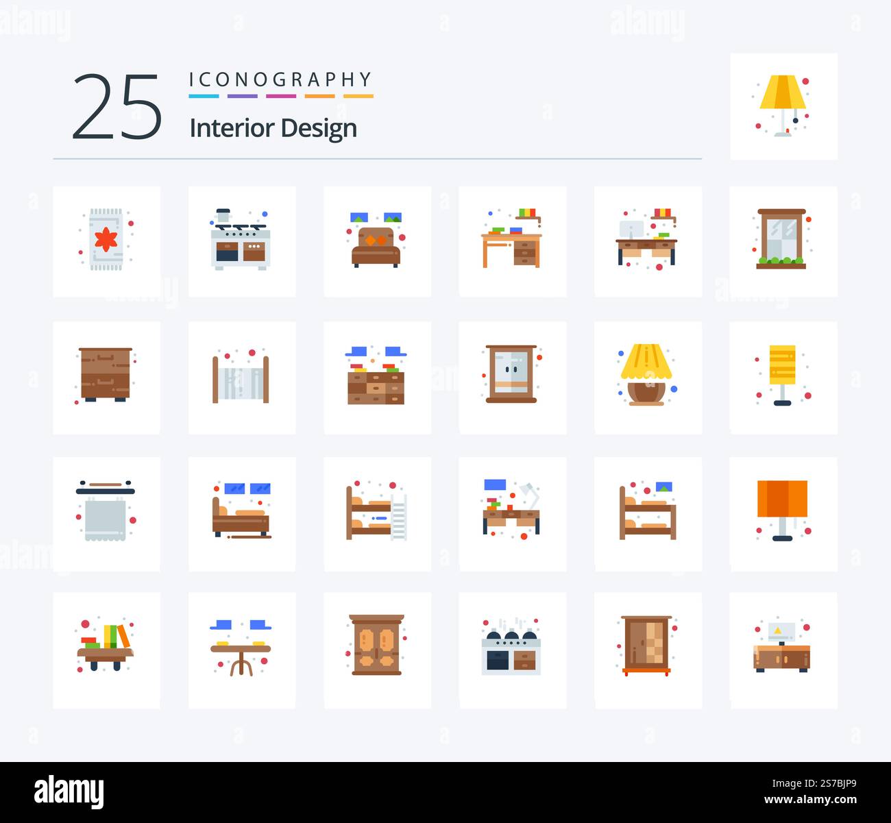 Interior Design 25 Flat Color icon pack including home. desk. cooking ...