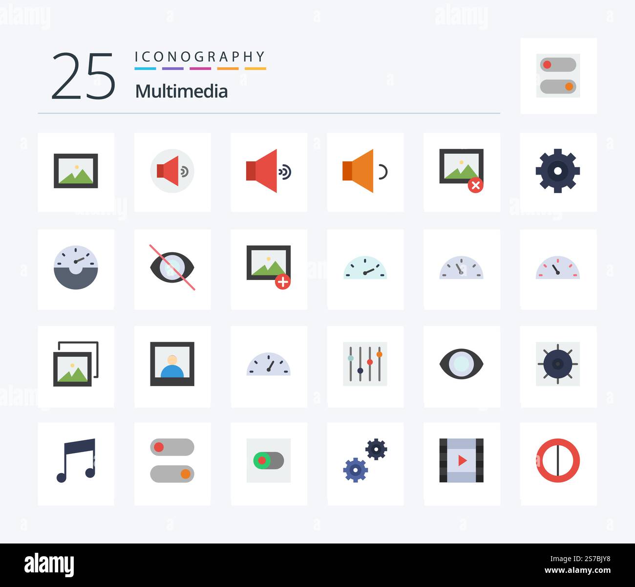 Multimedia 25 Flat Color icon pack including hide. disable. photo. speed. dash Stock Vector