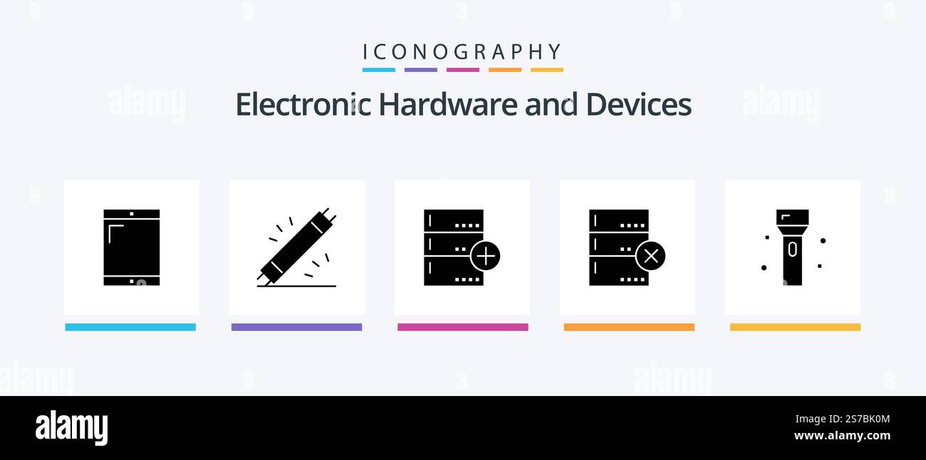 Devices Glyph 5 Icon Pack Including electronics. devices. add. data. database. Creative Icons Design Stock Vector