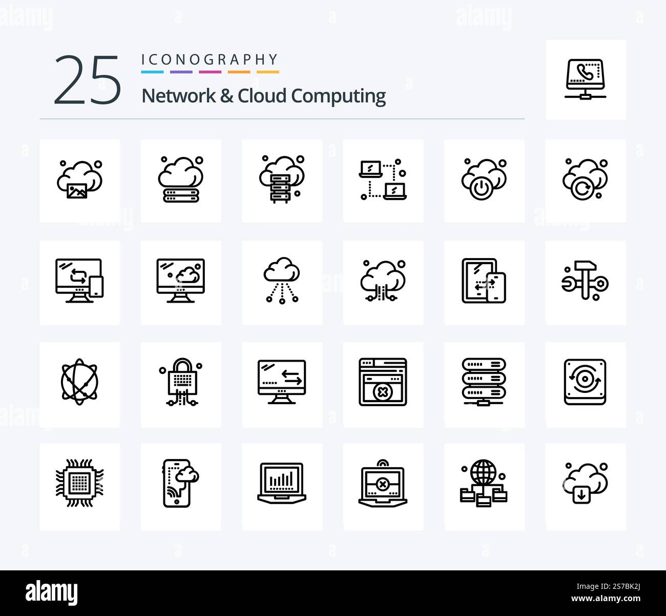 Network And Cloud Computing 25 Line icon pack including storage. cloud. computing. technology. cloud Stock Vector