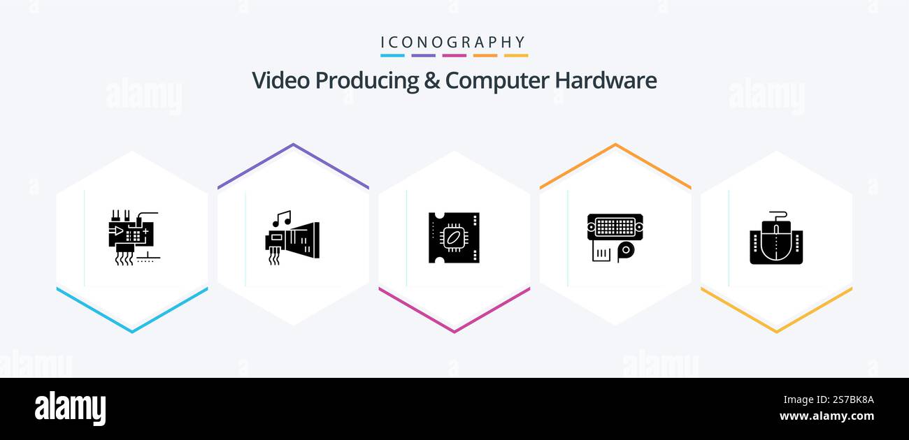 Video Producing And Computer Hardware 25 Glyph icon pack including input. connection. hardware. adapter. processor Stock Vector