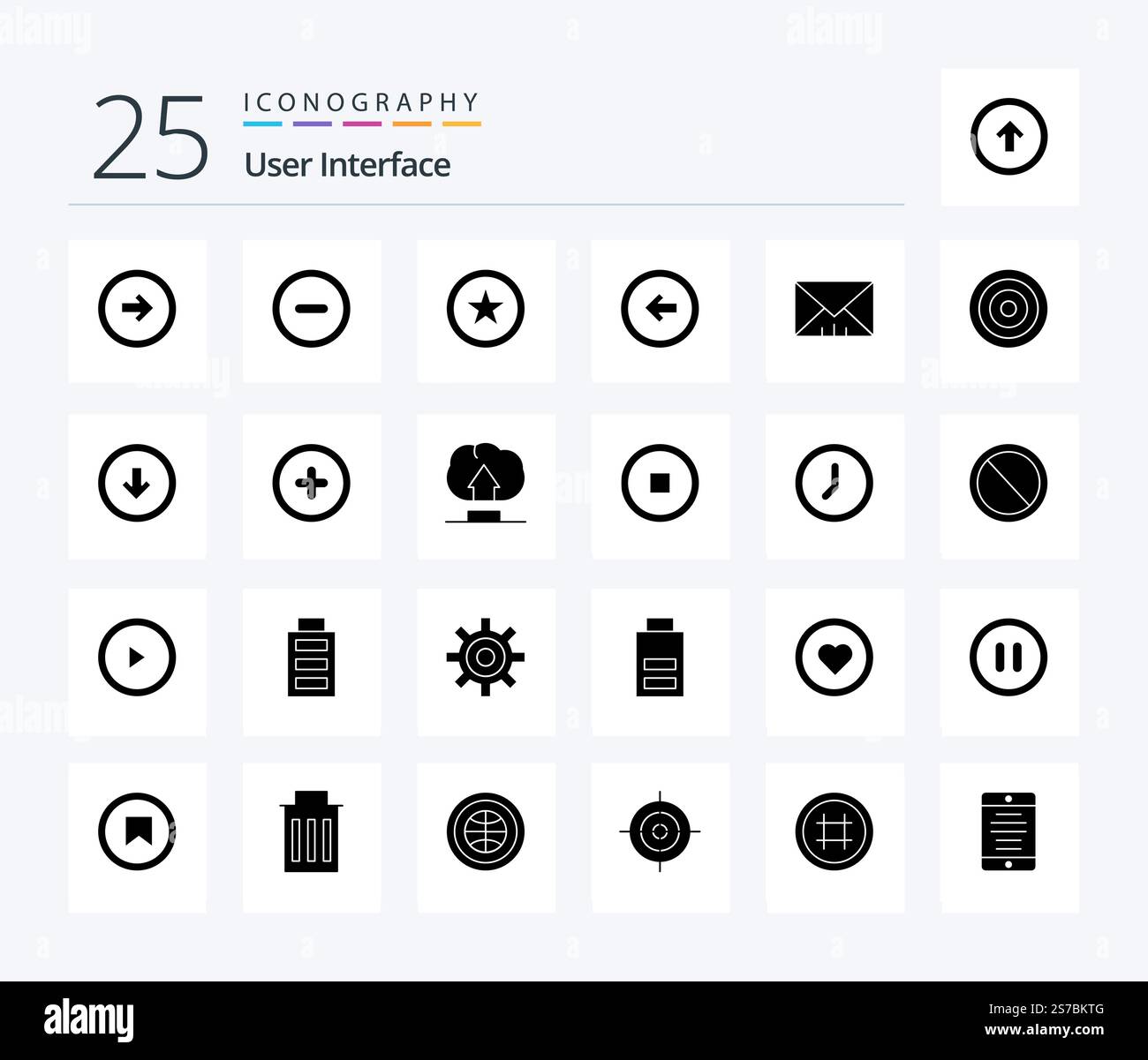 User Interface 25 Solid Glyph icon pack including message. left. favorite. user interface. button Stock Vector