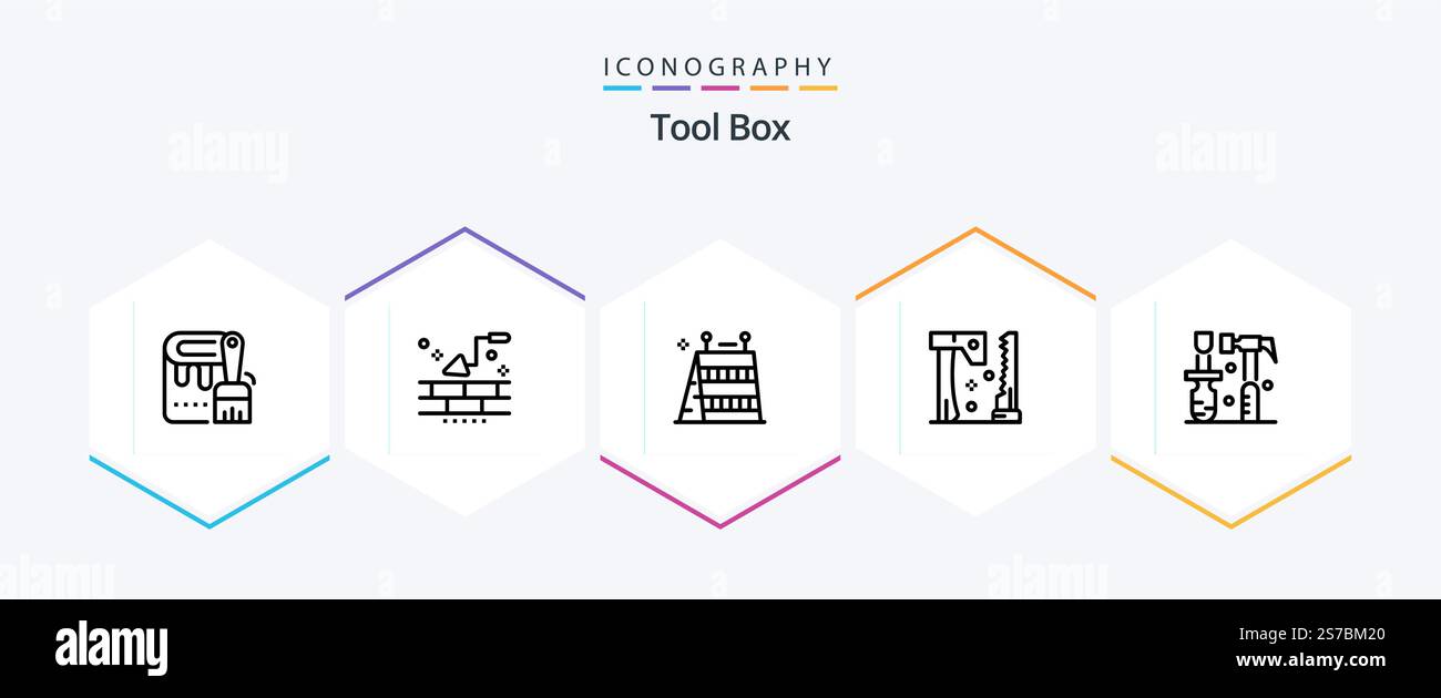 Tools 25 Line icon pack including hammer. tools. barrier. saw. ax Stock Vector