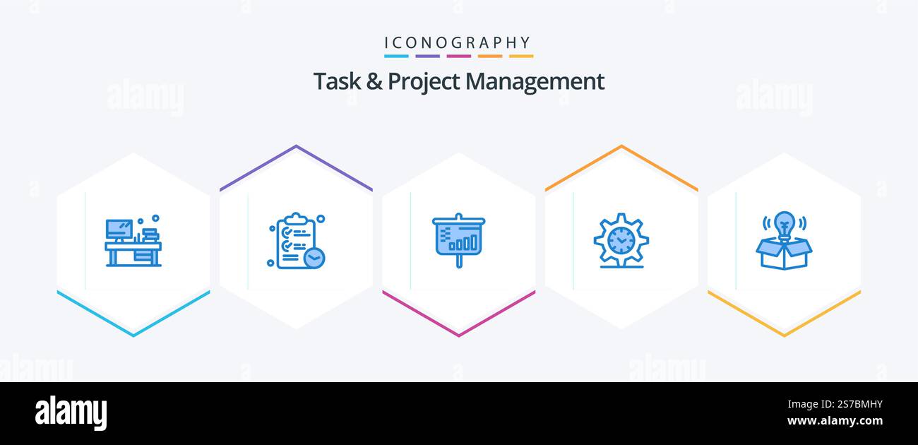 Task And Project Management 25 Blue icon pack including idea. box. bar. watch. setting Stock Vector