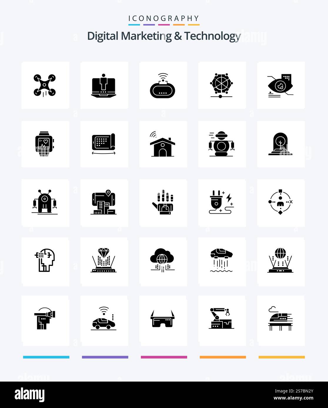 Creative Digital Marketing And Technology 25 Glyph Solid Black icon pack  Such As tap. data. device. language. machine Stock Vector