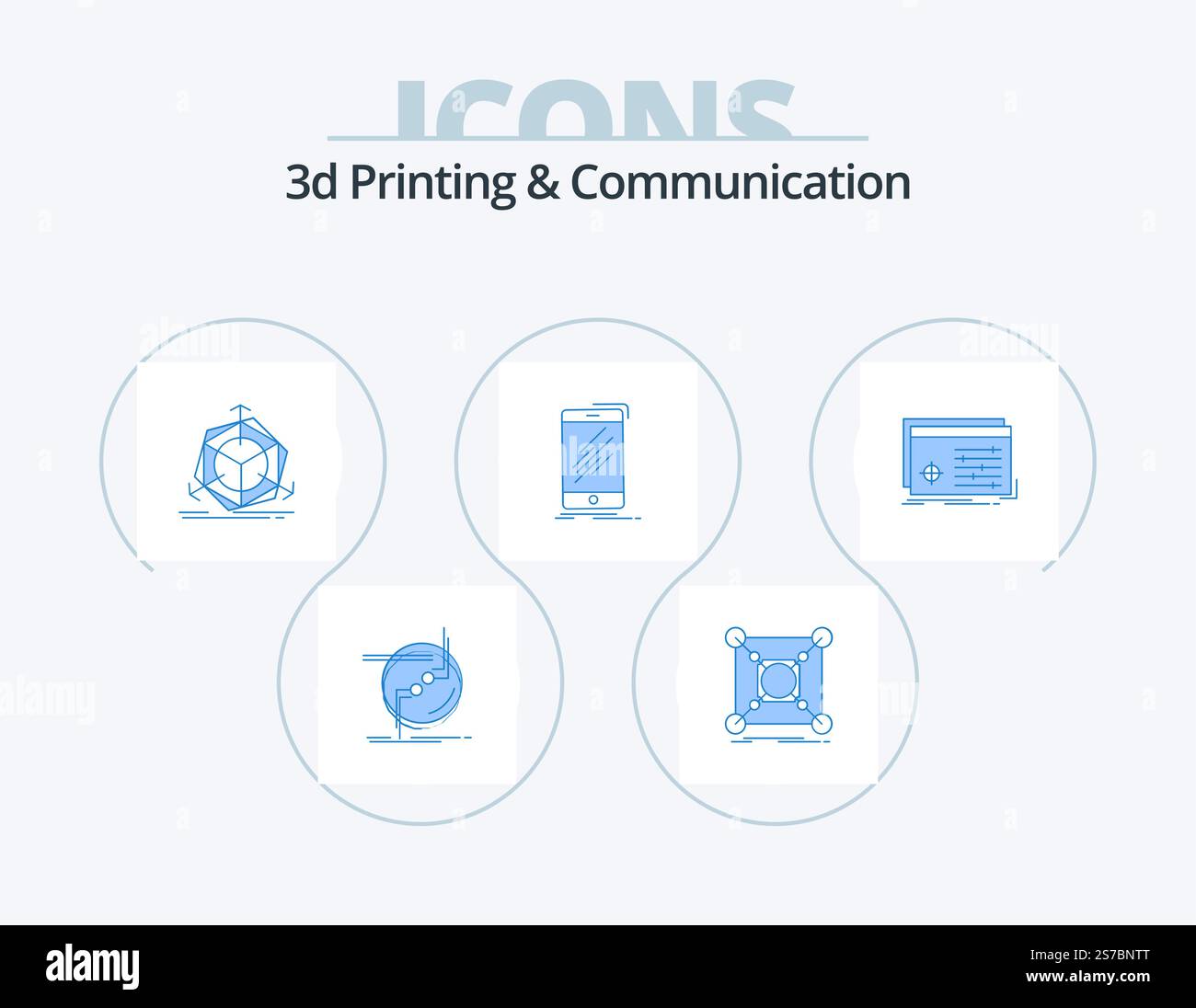 3d Printing And Communication Blue Icon Pack 5 Icon Design. phone. device. data. object. correction Stock Vector