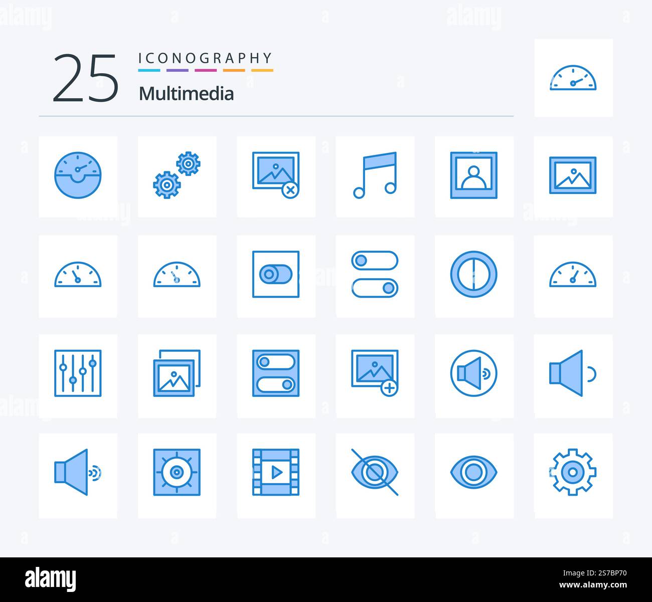 Multimedia 25 Blue Color icon pack including gauge. image. photo. album ...