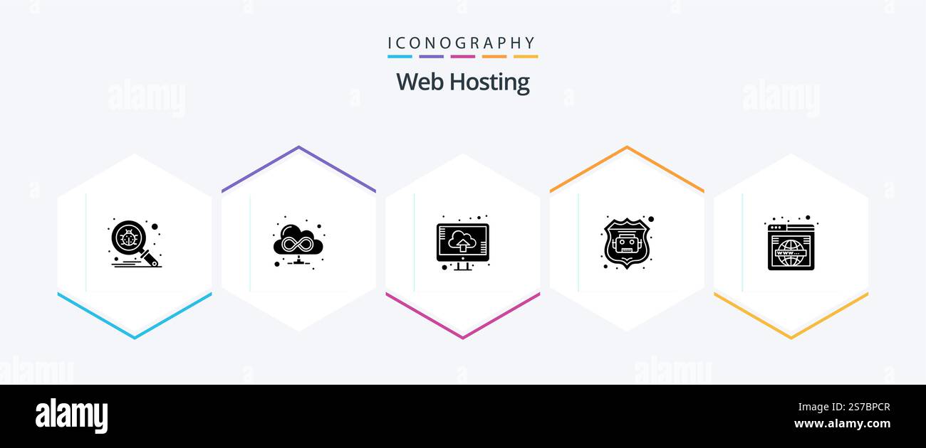 Web Hosting 25 Glyph icon pack including wide. search. computer. page. robot database Stock Vector