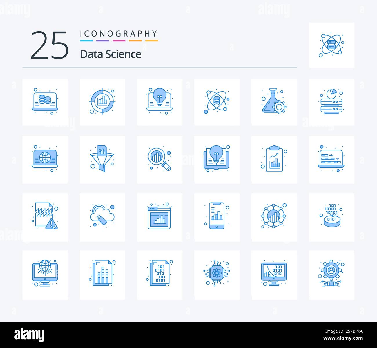 Data Science 25 Blue Color icon pack including flask. lab. target. data. seo Stock Vector