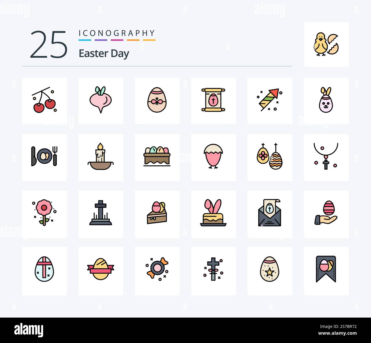 Easter 25 Line Filled icon pack including fire. easter. bird. scroll. education Stock Vector
