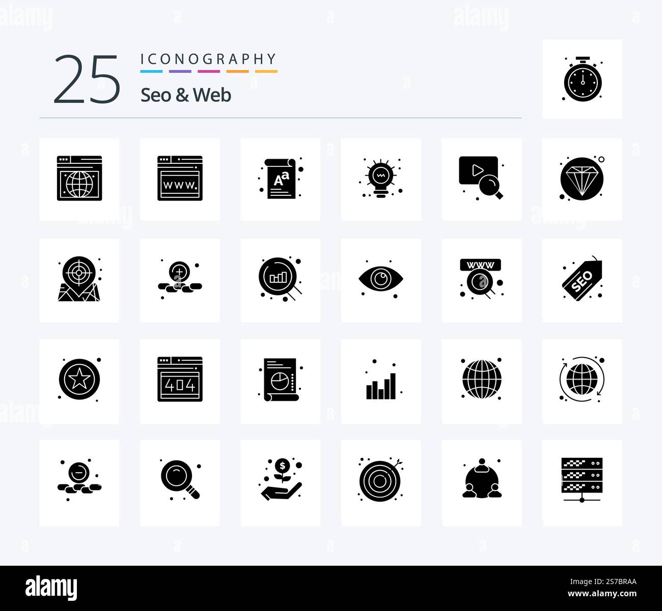 Seo & Web 25 Solid Glyph icon pack including location. diamond. light. web. search Stock Vector