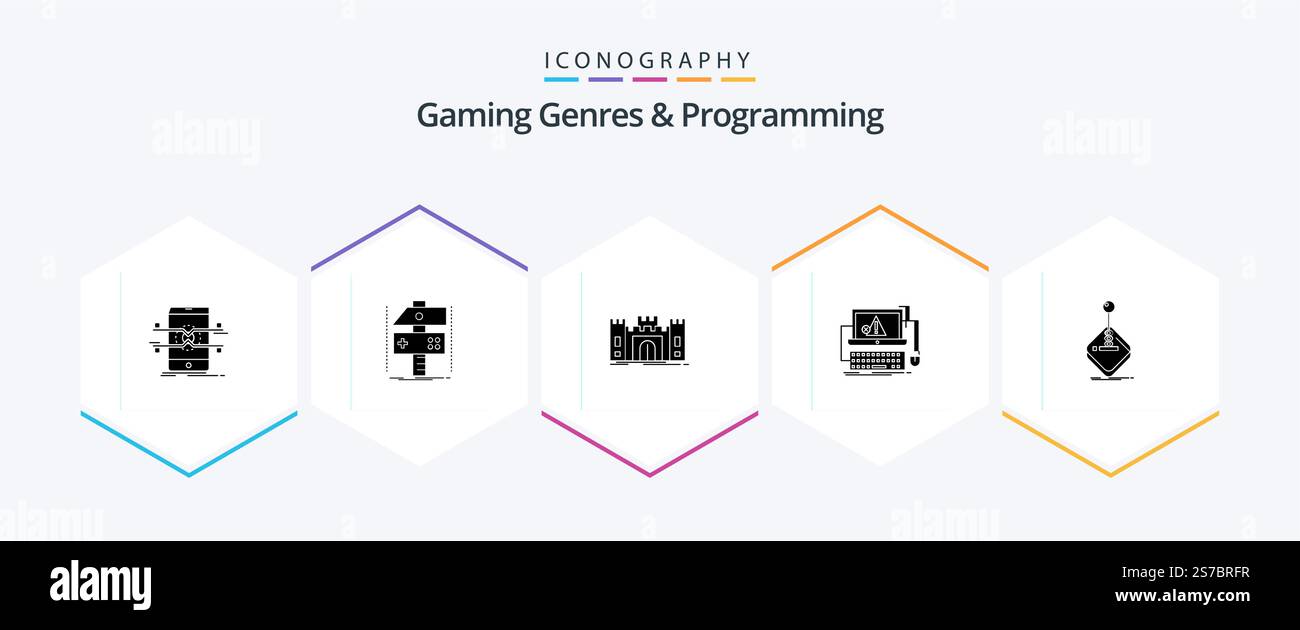 Gaming Genres And Programming 25 Glyph icon pack including error. computer. developer. landmark. fort Stock Vector