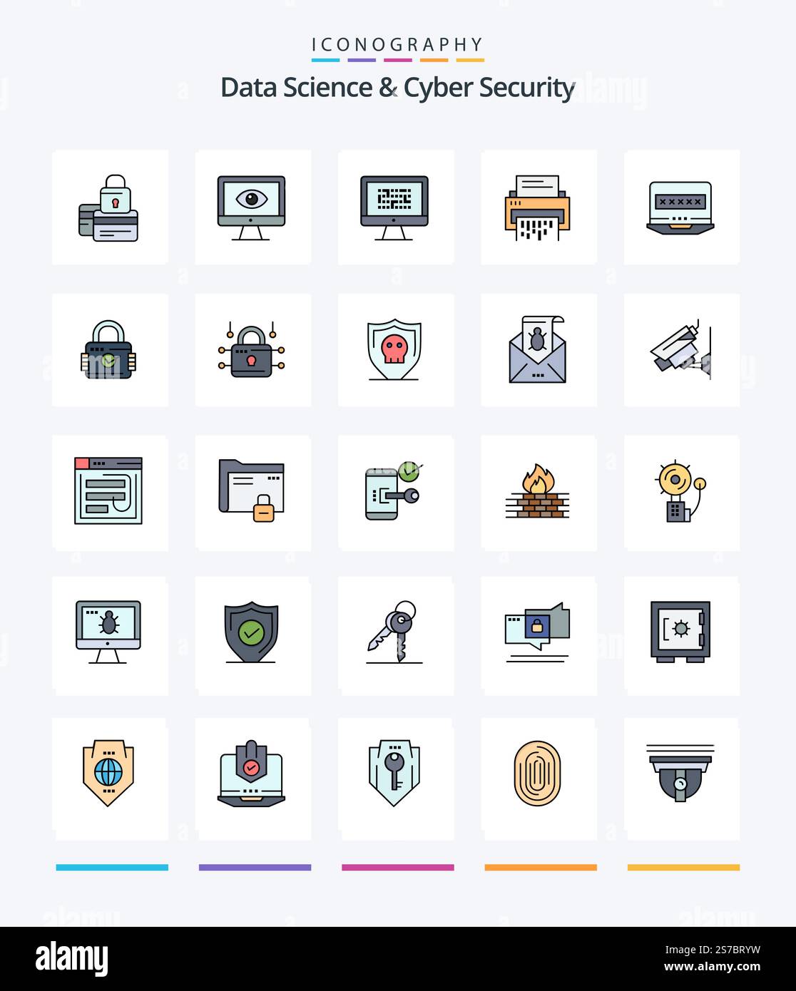 Creative Data Science And Cyber Security 25 Line FIlled icon pack  Such As problem. encryption. privacy. ddos. cryptography Stock Vector