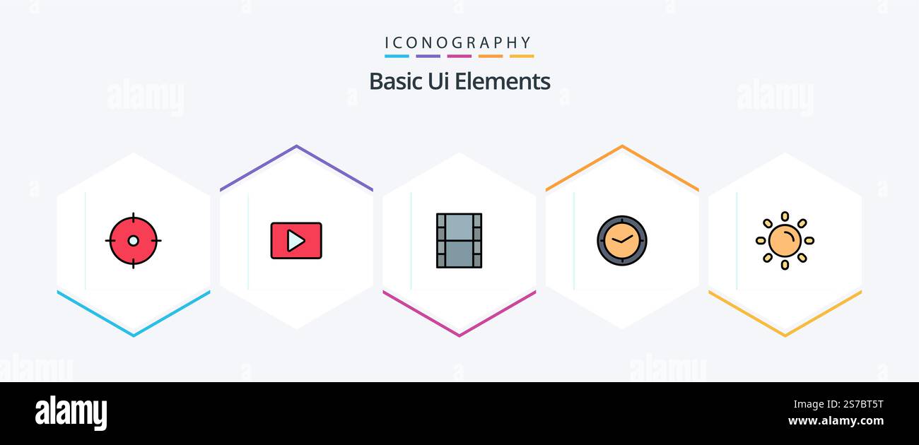 Basic Ui Elements 25 FilledLine icon pack including sun. brightness. video. clock. time Stock Vector
