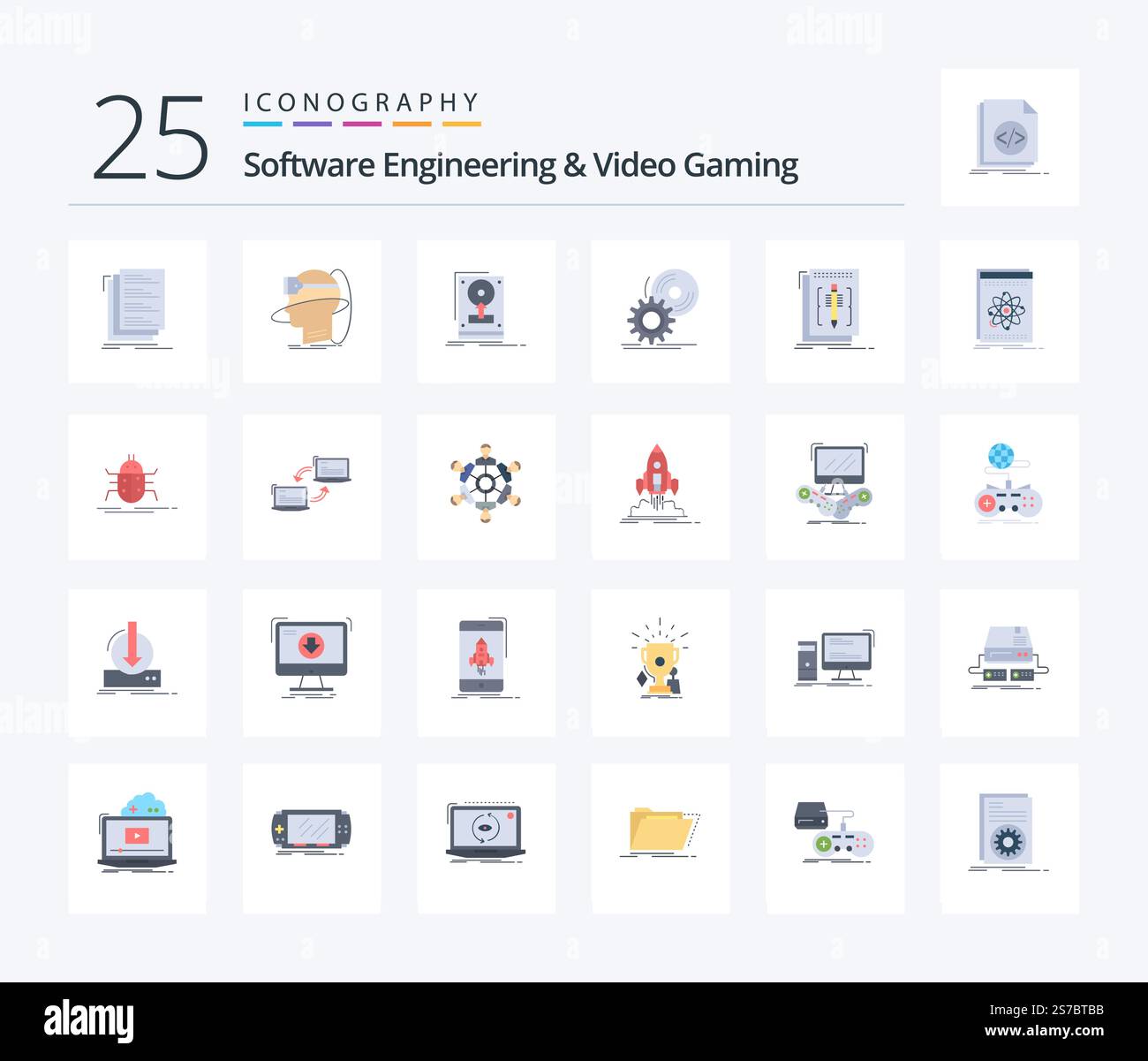 Software Engineering And Video Gaming 25 Flat Color icon pack including disc. upload. user. save. drive Stock Vector