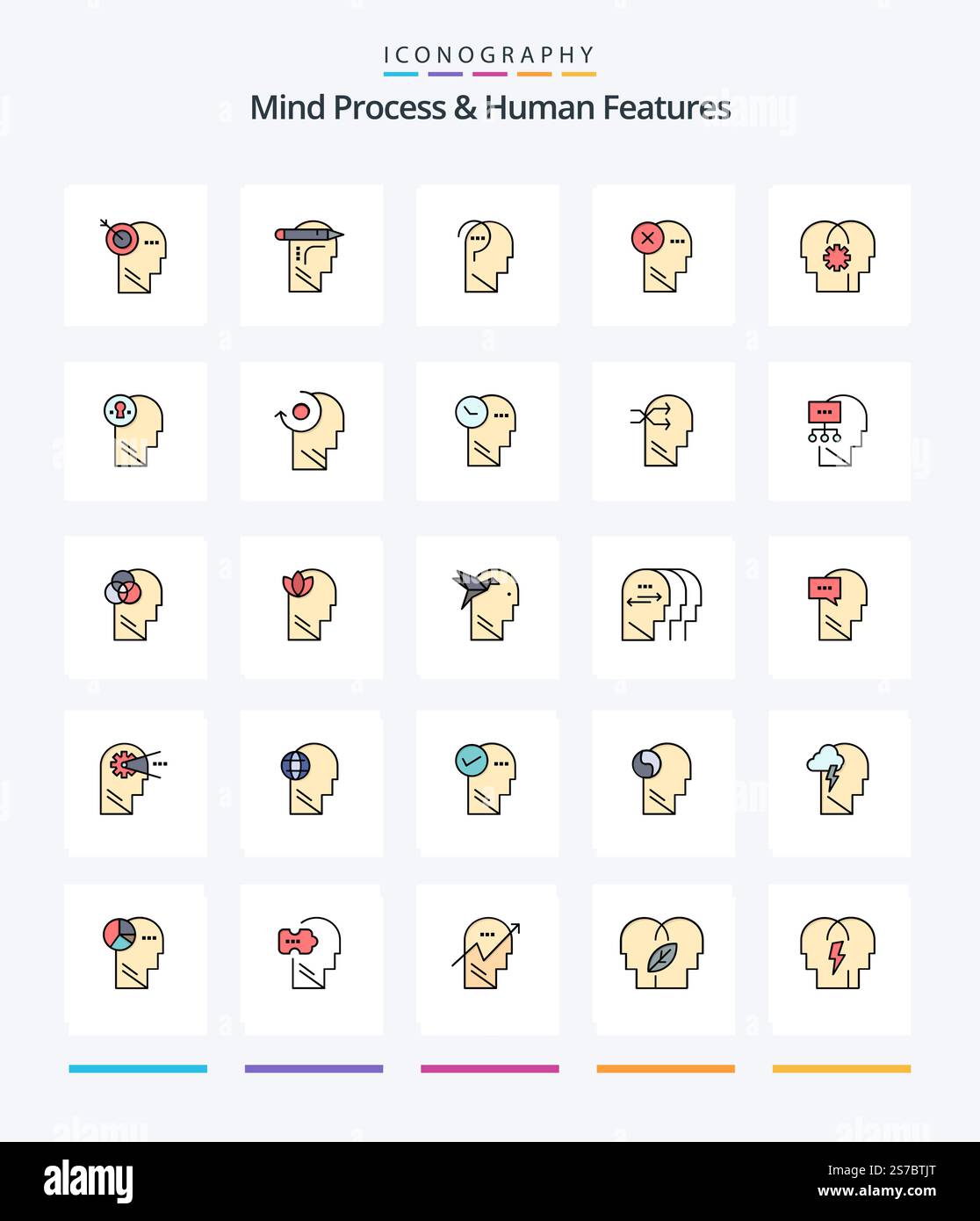 Creative Mind Process And Human Features 25 Line FIlled icon pack  Such As mind. human. confuse. head. brain Stock Vector